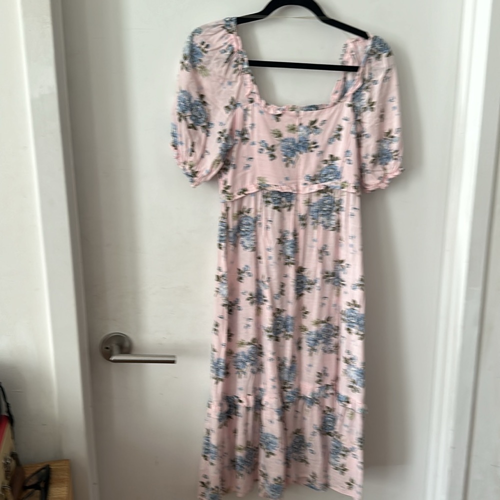 Gal Meets Glam Isabel Smocked Midi Dress Pink Blue Floral Print Size 0 - Picture 4 of 6